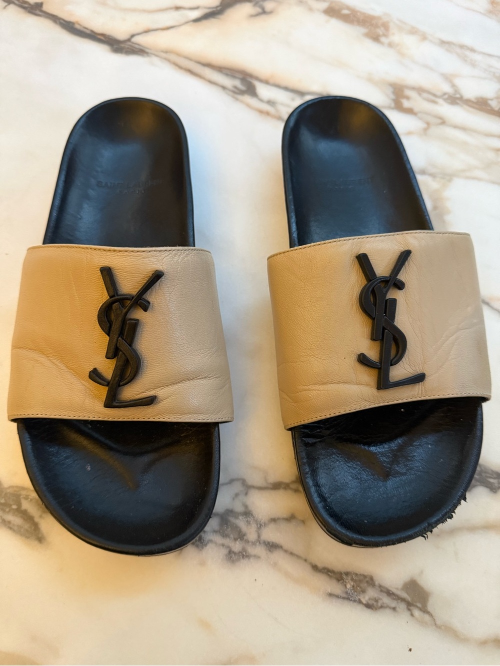 Saint Laurent Beige Leather Logo Slide Sandals with Black Footbed